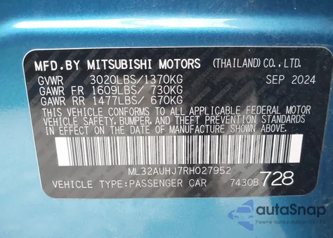 2024 Mitsubishi Mirage Es/Le из США, поврежденный, VIN ML32AUHJ7RH027952